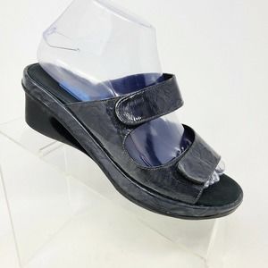 Wolky Size 38 7 to 7.5 Dark Gray Patent Leather Sandals Comfort Cut Out Wedge